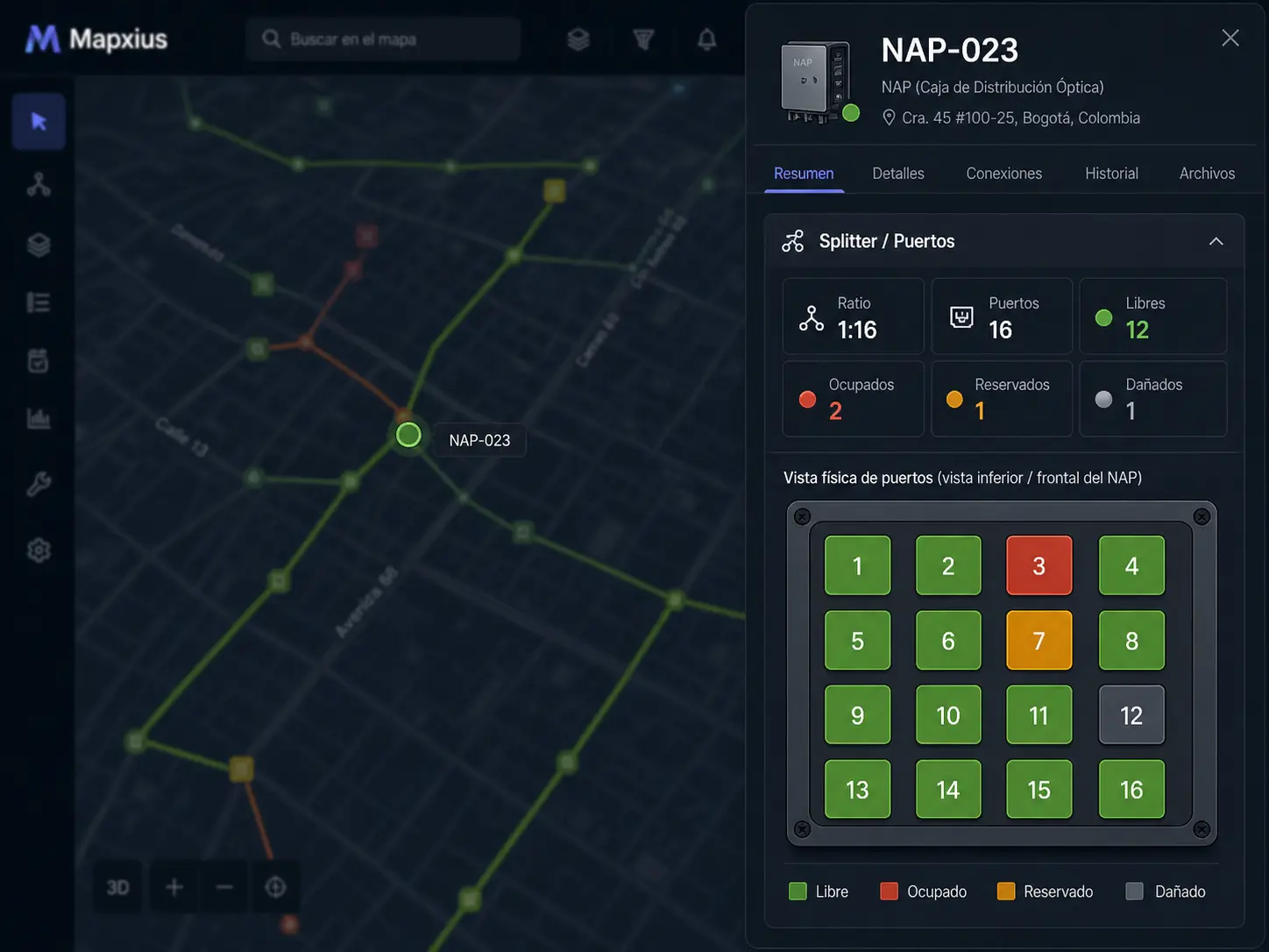 Interfaz de Mapxius mostrando una NAP, su ruta en el mapa y el estado de sus puertos